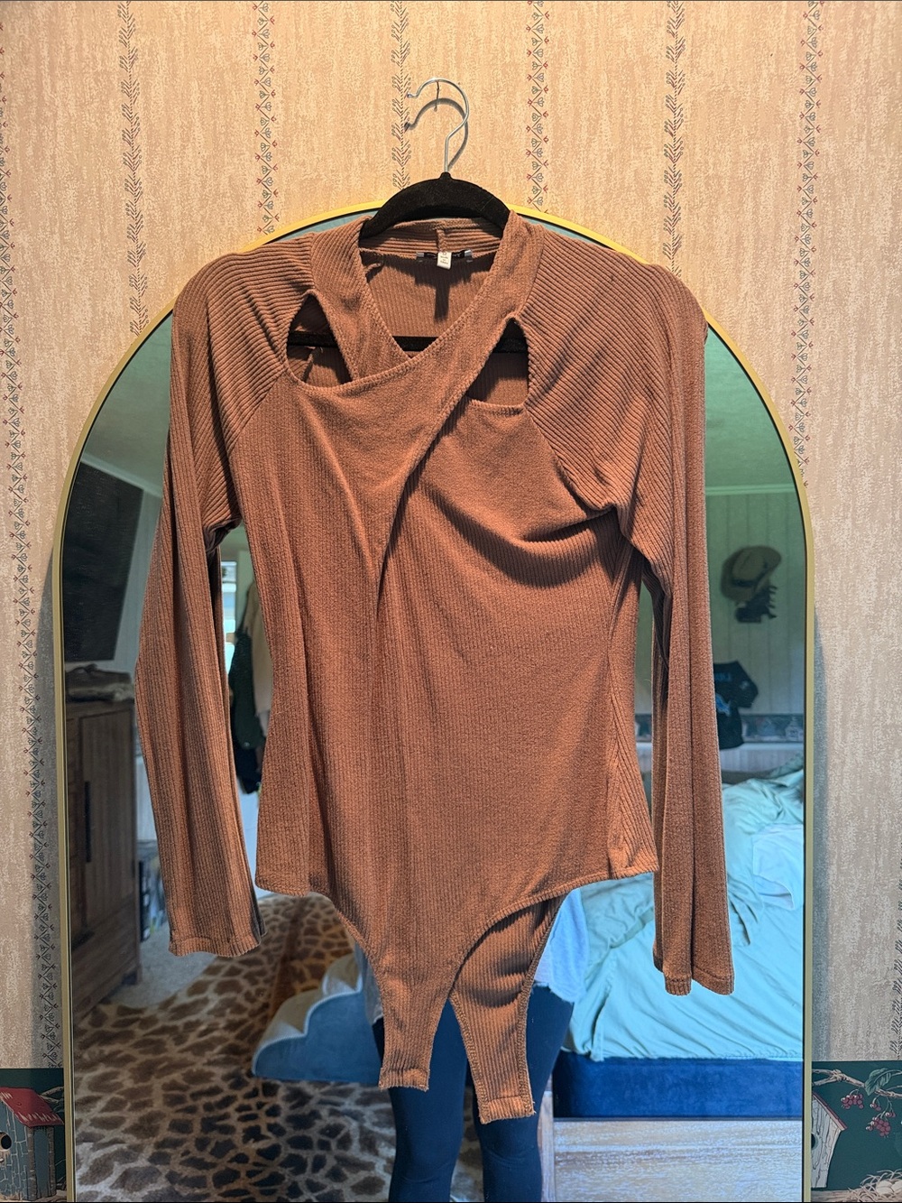 white birch Brown Ribbed Long-Sleeve Twist Front Bodysuit